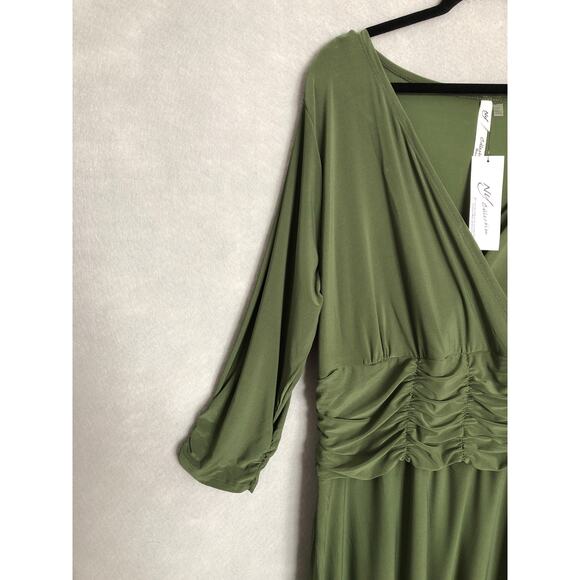 NY Collections Women's 2X V-Neck 3/4 Sleeve Be Slim Dress Olive NEW - Picture 4 of 8
